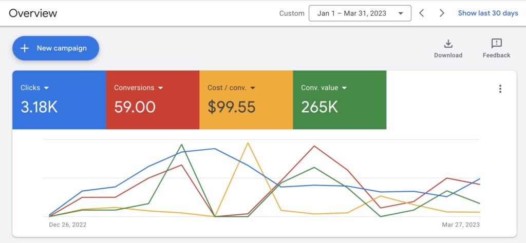 Vue d'ensemble des résultats Google Ads